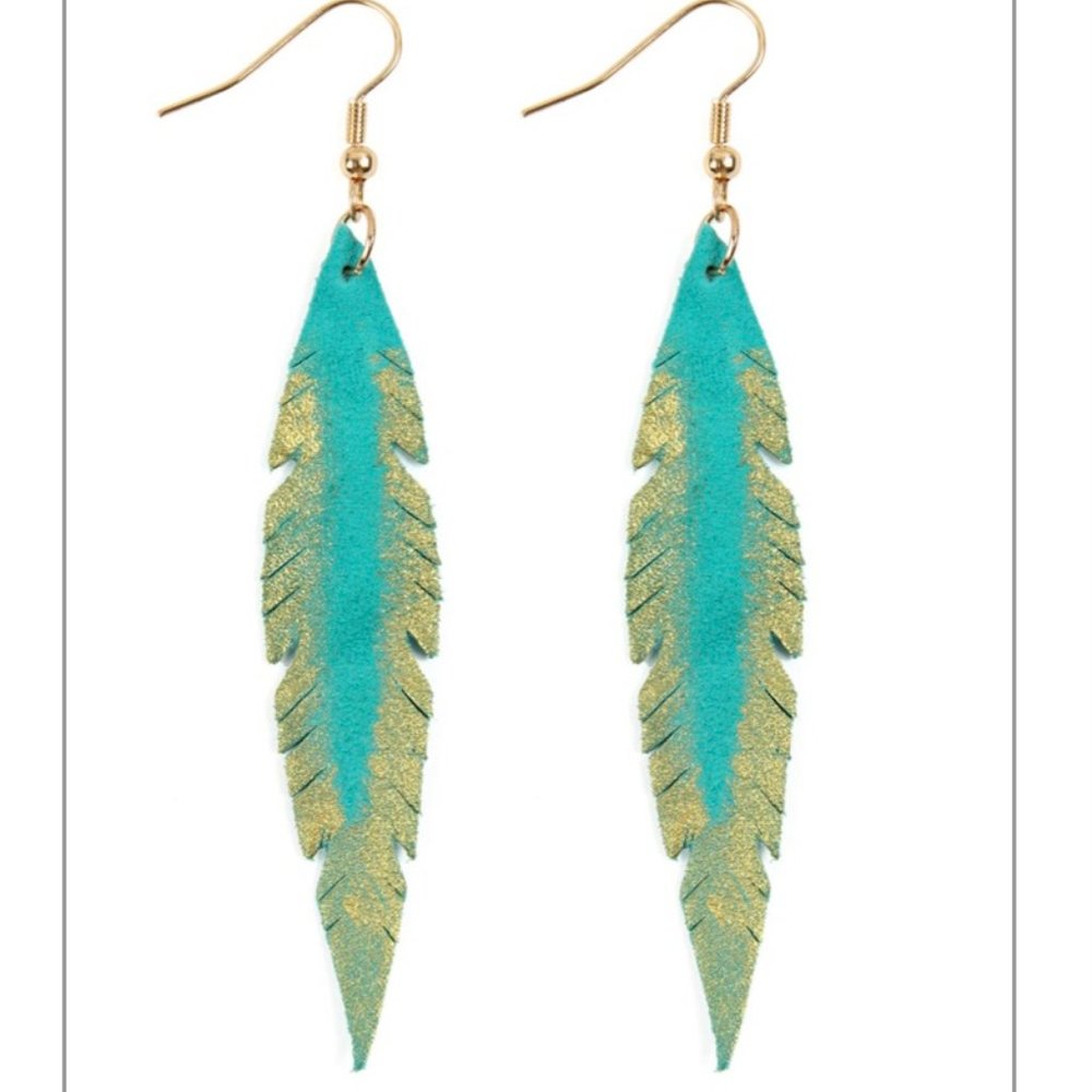 NWT Fabulous Pierced Earrings Turquoise & Metallic Gold Leather Feather Dangles